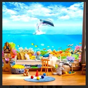 Colorful Coral Reef Wallpaper Blue Sky White Clouds Ocean Fish School Wall Mural